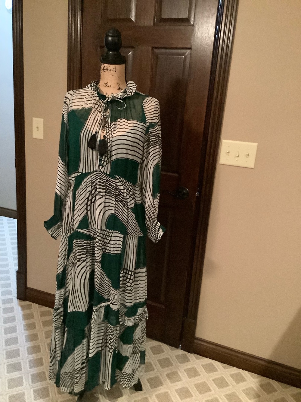 Anthropologie Green and White Printed Maxi Dress with Tassel Tie